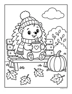 A hedgehog in a knit hat and scarf holding a warm mug on a bench next to a pumpkin