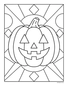 A large jack-o'-lantern in front of a background of geometric shapes and rays