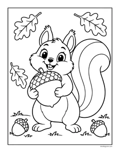 A smiling squirrel hugging a large acorn, with oak leaves and more acorns around it