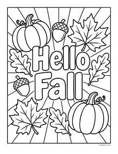 The words Hello Fall in bubble letters with pumpkins, acorns and leaves on a sunburst background