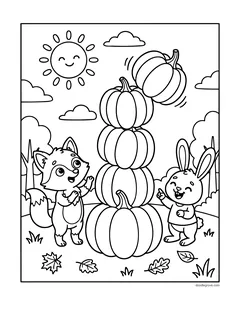 A fox and a bunny building a tower of pumpkins on a sunny day