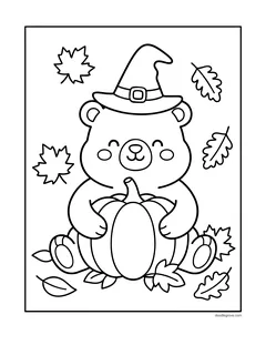 A bear wearing a witch hat and hugging a pumpkin, surrounded by falling leaves
