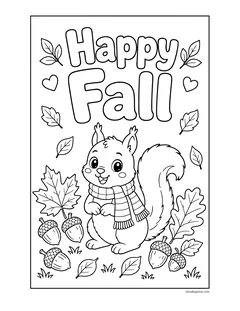 A squirrel in a striped scarf under the words Happy Fall, with acorns and leaves around it