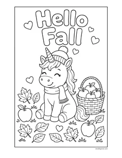 A unicorn in a knit hat and scarf sitting next to a basket of apples under the words Hello Fall