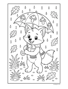 A fox in a scarf holding an umbrella decorated with mushrooms in the autumn rain