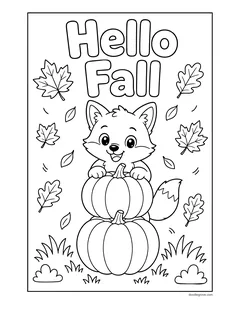 A fox peeking over two stacked pumpkins under the words Hello Fall