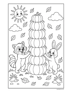 A raccoon and a bunny holding up a tall tower of pumpkins under a smiling sun