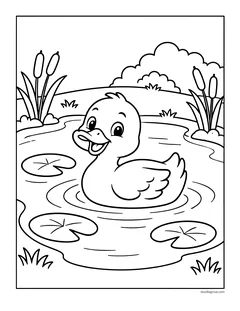 A duck swimming in a pond with lily pads and cattails