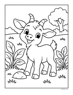 A baby goat with little horns standing in a field with leafy plants and a tree