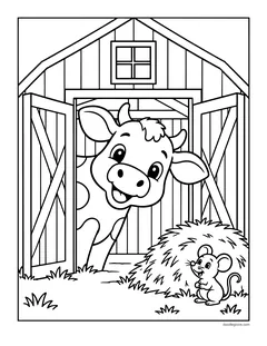 A calf peeking out of an open barn door, with a hay pile and a little mouse