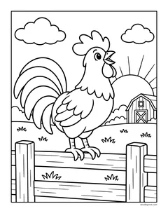 A rooster standing on a fence at sunrise, with a barn in the distance