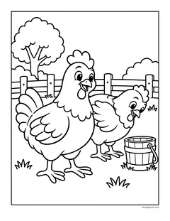 Two hens standing by a fence with a wooden bucket