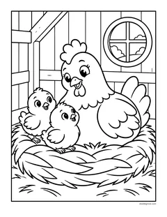 A mother hen sitting in a straw nest in the coop with two chicks