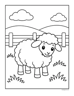 A woolly sheep standing in the grass by a fence under two clouds