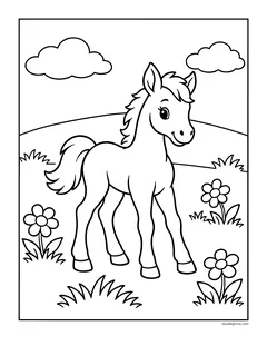 A young foal standing in a meadow with flowers