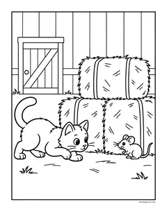 A barn cat crouching by stacked hay bales, watching a little mouse