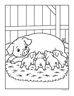 A mother pig lying in the straw with four piglets