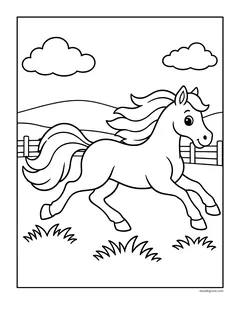 A horse galloping across a field with its mane and tail flying