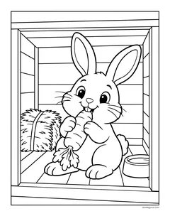 A rabbit eating a carrot in its hutch next to a hay bale and a water bowl