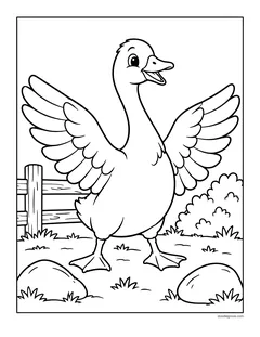 A goose flapping its wings by a fence
