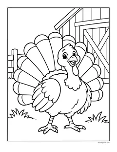 A turkey with its tail fanned out standing in front of a barn