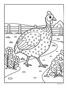 A spotted guinea fowl walking along a path with flowers
