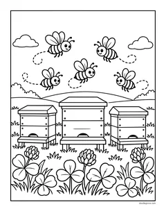 Bees flying over three beehives in a field of clover