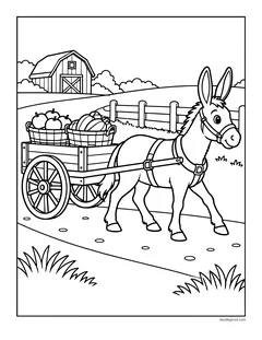 A donkey pulling a cart full of apples and pumpkins along a farm road