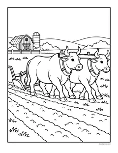 Two oxen in a yoke pulling a plow across a field, with a barn and a silo behind
