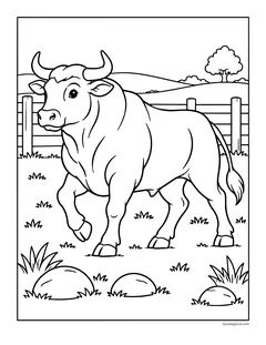 A bull with curved horns walking through a fenced field