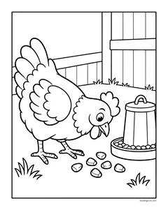 A hen pecking at grain beside a chicken feeder