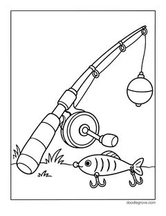 A fishing rod with a reel and a bobber, with a fish-shaped lure with two hooks on the grass
