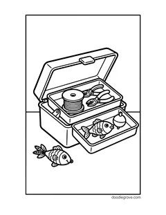 An open tackle box with a spool of line, pliers, a bobber and a fish lure, with a little fish beside it