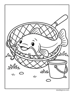 A smiling catfish in a landing net on the grass, with a bucket