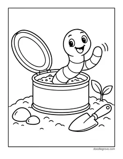 A smiling worm waving from an open bait can full of soil, with a garden trowel, stones and a sprout