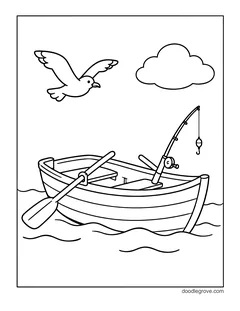An empty rowboat with oars and a fishing rod on the water, with a seagull and a cloud