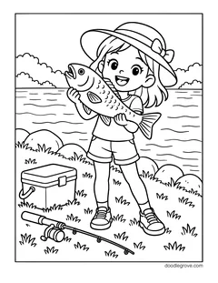 A girl in a sun hat holding up a big fish by a lake, with a cooler and a fishing rod on the grass