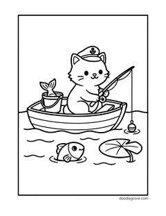 A kitten in a captain's hat fishing from a rowboat with a bucket, with a fish and a lily pad