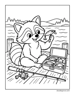 A raccoon on a dock holding a lure beside an open tackle box full of lures, with a fishing rod