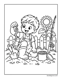 A boy in overalls holding up a worm, with a trowel, a bait can, a fishing rod, a fence and a sunflower