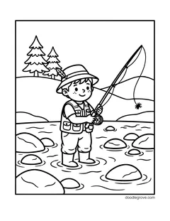 A boy in a fishing vest and a hat casting from a river with stepping stones, with pine trees and hills