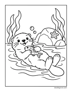 An otter floating on its back holding a fish, with seaweed, a rock with a starfish and bubbles