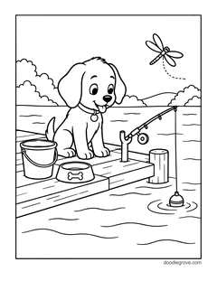 A puppy sitting on a dock next to a fishing rod, a bucket and a bone bowl, with a dragonfly and the lake