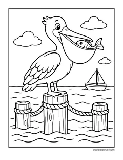 A pelican with a fish in its beak standing on a dock post with ropes, with a sailboat and clouds