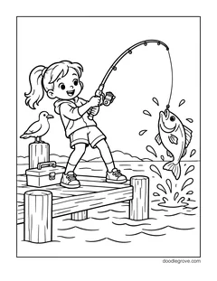 A girl on a dock reeling in a fish that splashes out of the water, with a seagull and a tackle box