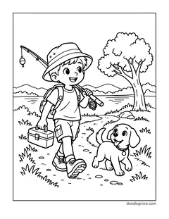 A boy in a bucket hat carrying a fishing rod and a tackle box, with a puppy, a tree and a lake