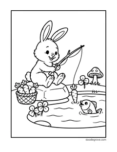 A bunny fishing from a rock with a basket of carrots, with a fish, clovers and a mushroom