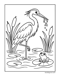 A heron with a fish in its beak standing in a pond among cattails, with a frog on a lily pad
