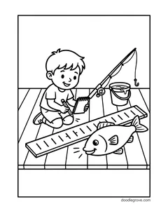 A boy on a dock writing in a notebook beside a big fish lying on a measuring board, with a fishing rod and a bucket