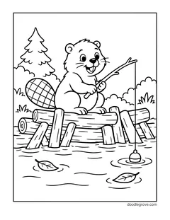 A beaver fishing from a pile of logs, with pine trees, bushes and leaves floating on the water
